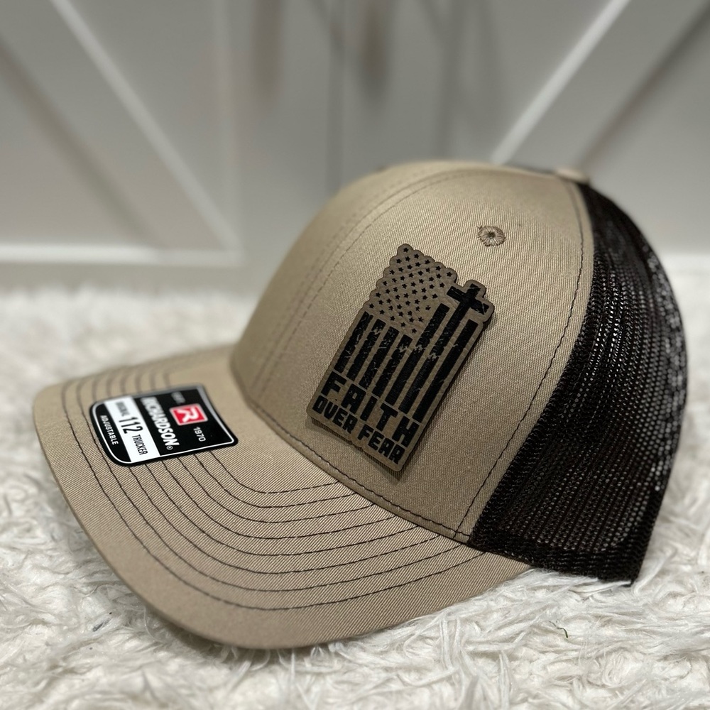 Faith over fear. Laser engraved Richardson 112 trucker hat.